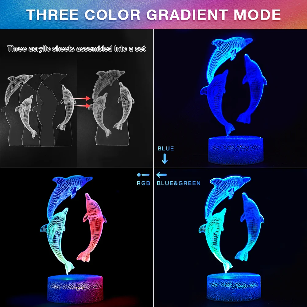 Children's Night Lights USB Rechargeable 3D Dolphin RGB Lamp Baby Room Decoration LED Indoor Novelty Lighting Personalized Gifts