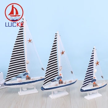 

LUCKK Mediterranean Style Wooden Sailboat Model Home Decor HandCrafts Shell Marine Souvenir Nautical Gifts Miniature Figurines