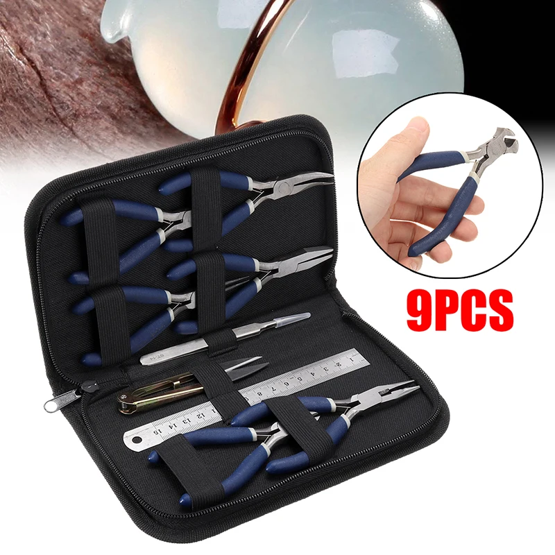 

9pcs Mini HCS Jewellery Pliers Set Making Scissor Beading Tools Flat Long Round Kit For Bracelet DIY Hand Tool