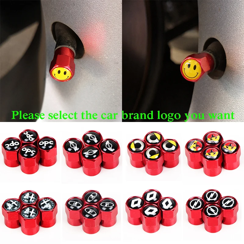 4Pcs Red Metal Car Wheel Tire Air Valve Caps Stem Cover with Brand Logo for Mercedes GMC Citroen Abarth Mini Coopel AMG Ford KIA |