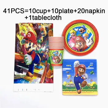 

41pcs/lot Super Mario theme party tableware sets Mario Bros theme disposable plates cups napkins tablecloth for 10 people use
