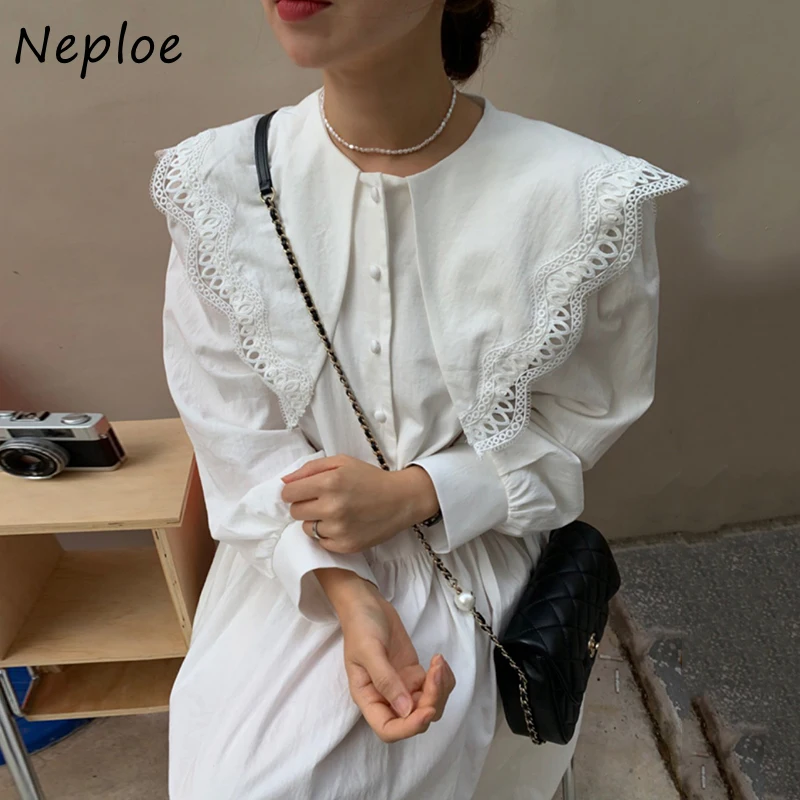 Neploe French Large Lapel Single Breasted Robe Korean Chic Lace Loose Woman Dress High Waist Puff Sleeve Long Vestidos | Женская одежда