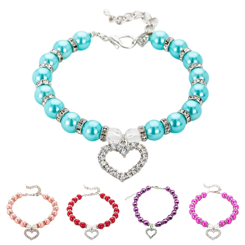 Cute Pet Dog Cat Adjustable Decorative Collar Plastic Rhinestone Pearl Necklace