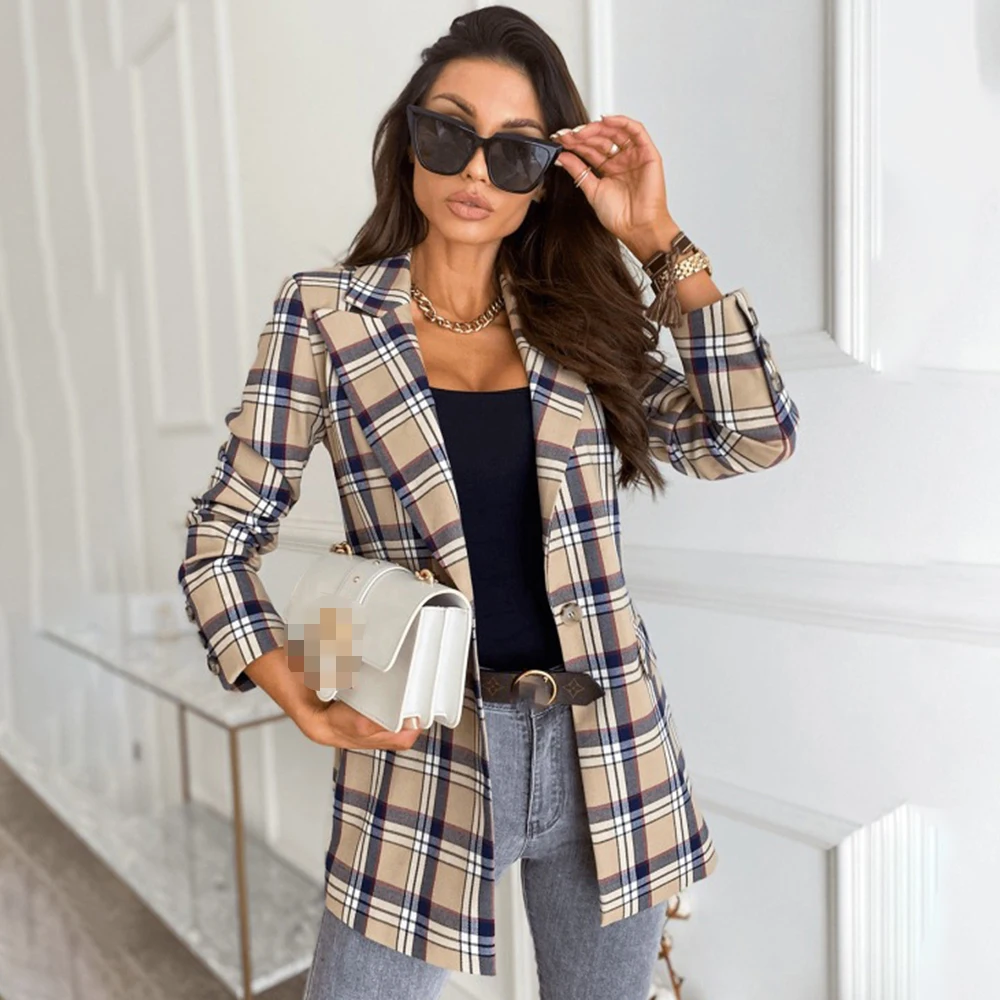 Spring Autumn Notched Collar Plaid Blazers Casual Pockets Long Sleeve Coat Female Outerwear 2021 Korean Fashion Loose Jackets