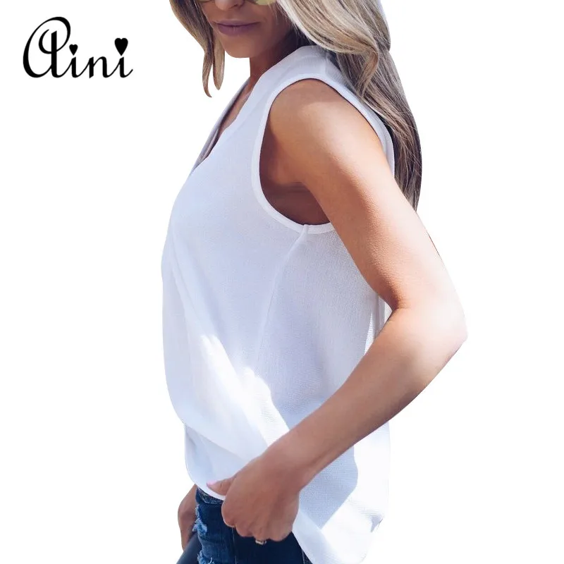 Plus Size 5XL Women Blouse and Tops Summer Top Casual Loose Sleeveless Solid V-neck Chiffon Blouses Female Shirts Vest Blusa