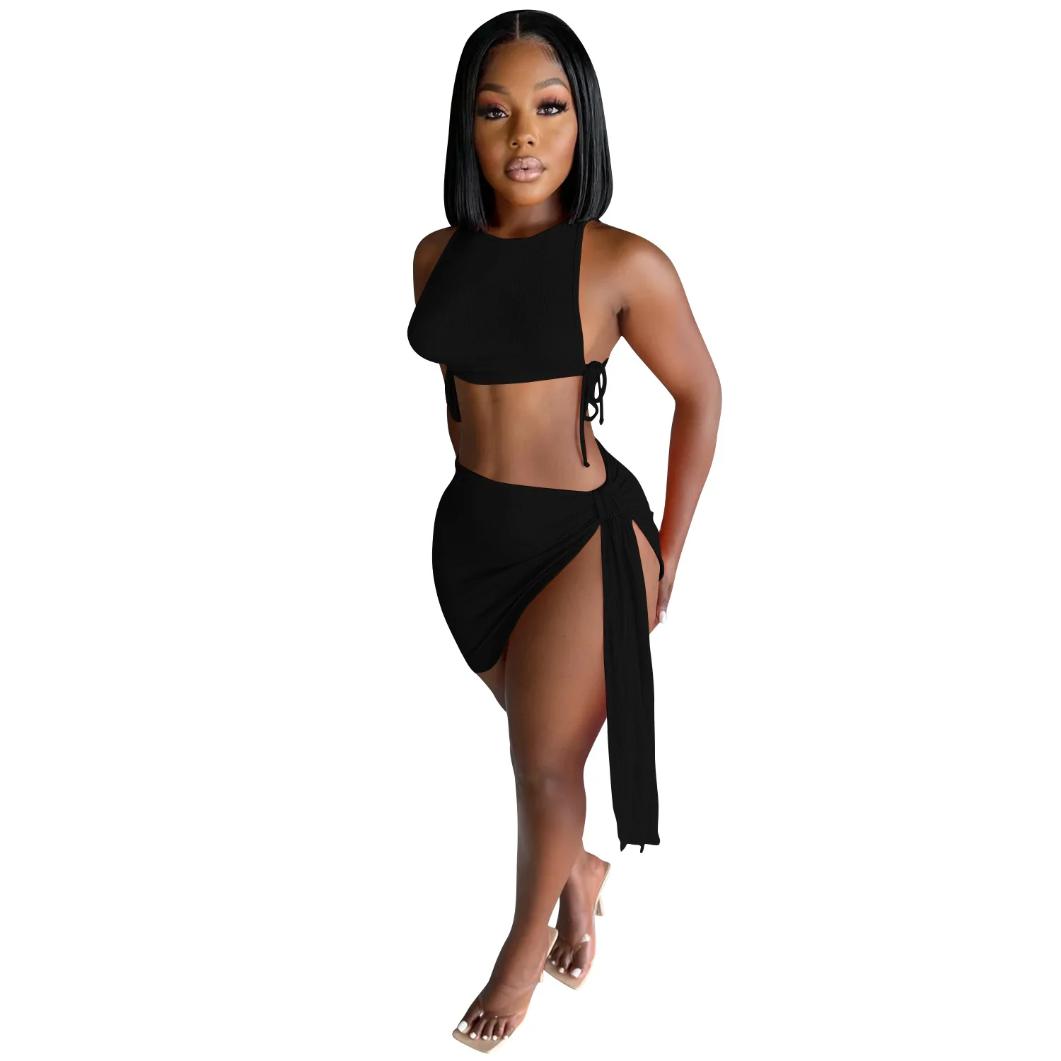 Knitted Ribbed Two Piece Set Bandage Crop Top Bodycon Mini Skirts Beachwear Outfits Summer Sexy Club Matching Y2K Clothes pant suit Suits & Blazers