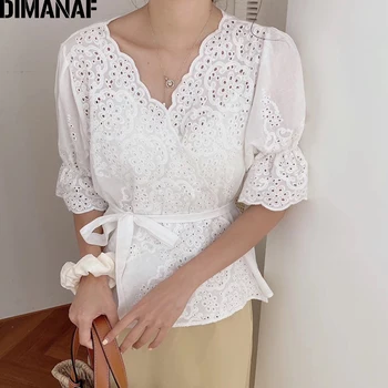 

DIMANAF Summer Blouse Shirts Women Clothing Lace Floral Solid Jacquard Elegant Office Lady Tops Tunic Casual Loose Hollow Out