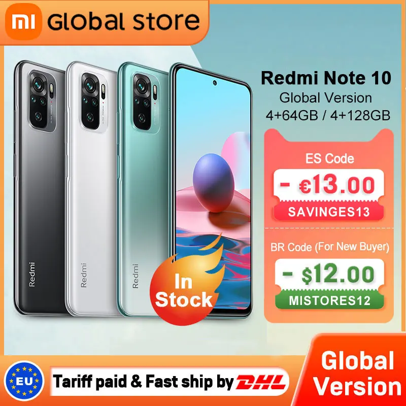 Versión Global Xiaomi Redmi Nota 10 4GB 64GB/4GB 128GB teléfono Snapdragon 678 Pantalla AMOLED 48MP Quad Cámara 33W