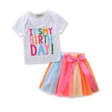 Best Price Girl Beautiful Clothe Rainbow Suit Cotton Letter Print Tshirt+Mesh tutu Short Skirt With Bow Set Fairy roupa infantil menina D35 Best Price Girl Beautiful Clothe Rainbow Suit Cotton Letter Print Tshirt+Mesh tutu Short Skirt With Bow Set Fairy roupa infantil menina D35