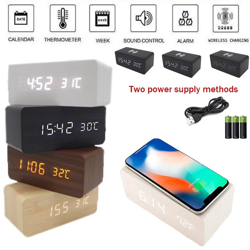 LED Wooden Alarm Clock Wireless Charger Digital Sound Control Temperature Date Display Clock Creative Living Room Decoration