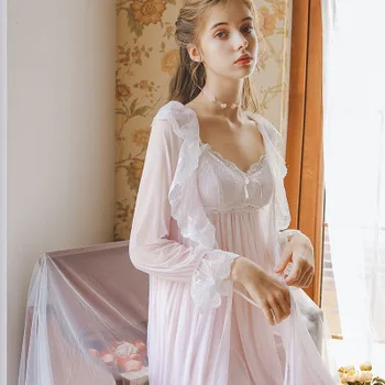 

HaloSweet Sexy Women Pajamas Lace Transparent Robe Long Suit Dressing Gowns Female Lounge Set Two Piece Dressing Nighty Pinoir