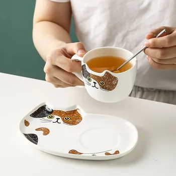 

Modern Creative Japanese Ceramic Cat Milk Breakfast Cup Household Simple Water Cup Coffee Oatmeal Cup and Saucer LB60935