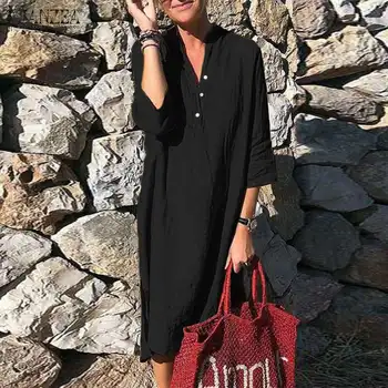 

2020 ZANZEA Women 3/4 Sleeve Sundress Solid V Neck Cotton Long Shirt Dress Autumn Fashion Work OL Loose Vestidos Female Robe