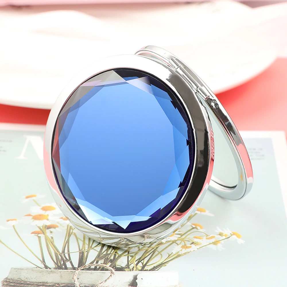 blue Блестящее металлическое зеркало для макияжа украшенное кристаллами роскошное портативное круглое складное увеличительное зеркало серебряное компактное карманное зеркало Косметические Инструменты - Цвет: blue