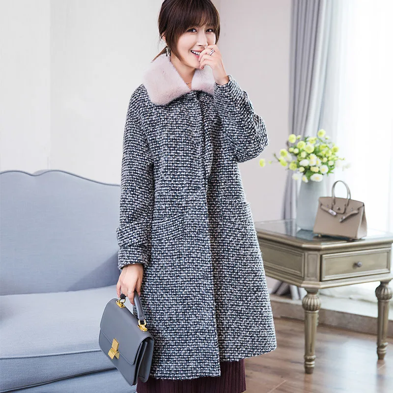 

Fur Real Coat Female 2020 Tweed Wool Coats Natural Lamb Fur Liner Long Warm Winter Jacket Women Mink Fur Collar 18068 s