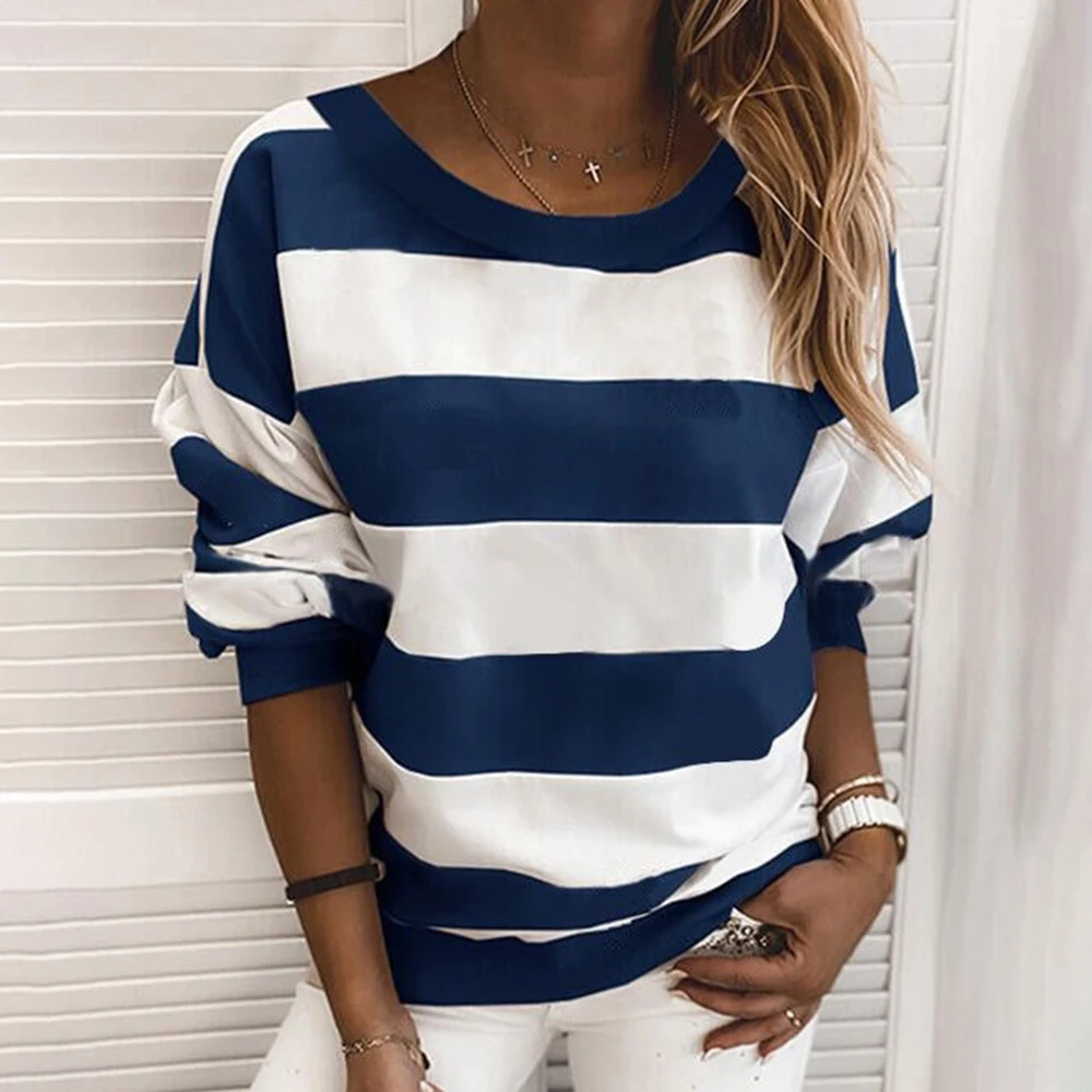 

Fashion Women Tops Autumn Casual Girls Striped Pullovers O-Neck Long Sleeve Loose Fit Spring Tops for Female Plus Size XXL Tops