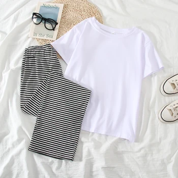 

2020 Summer Wide Leg Pants Set Women Loose Short Sleeve T-shirt Suit Fashion Casual Striped Women Clothing Set Two Piece Outfits