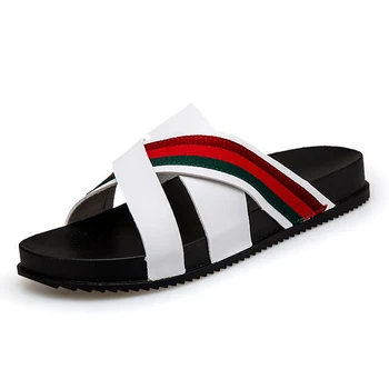 

Fashion Men's Beach Sandals Outside Flat Green Red Striped Slides Shoes Wholesale Male Trends Cool Casual Anti-skid Slippers