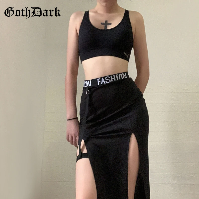 Goth Dark Gothic High Waist Black Midi Dress Y2k Grunge Patchwork Elastic Slit Hem A-line Midi Skirts Women Autumn Streetwear