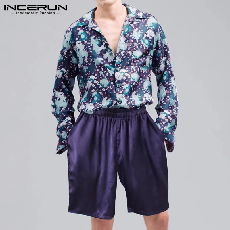 INCERUN Fashion Men Hawaiian Sets Long Sleeve Lapel Printing Shirt & Solid Shorts Streetwear Loose Cozy Casual Men Suit 2 Pieces INCERUN Fashion Men Hawaiian Sets Long Sleeve Lapel Printing Shirt & Solid Shorts Streetwear Loose Cozy Casual Men Suit 2 Pieces