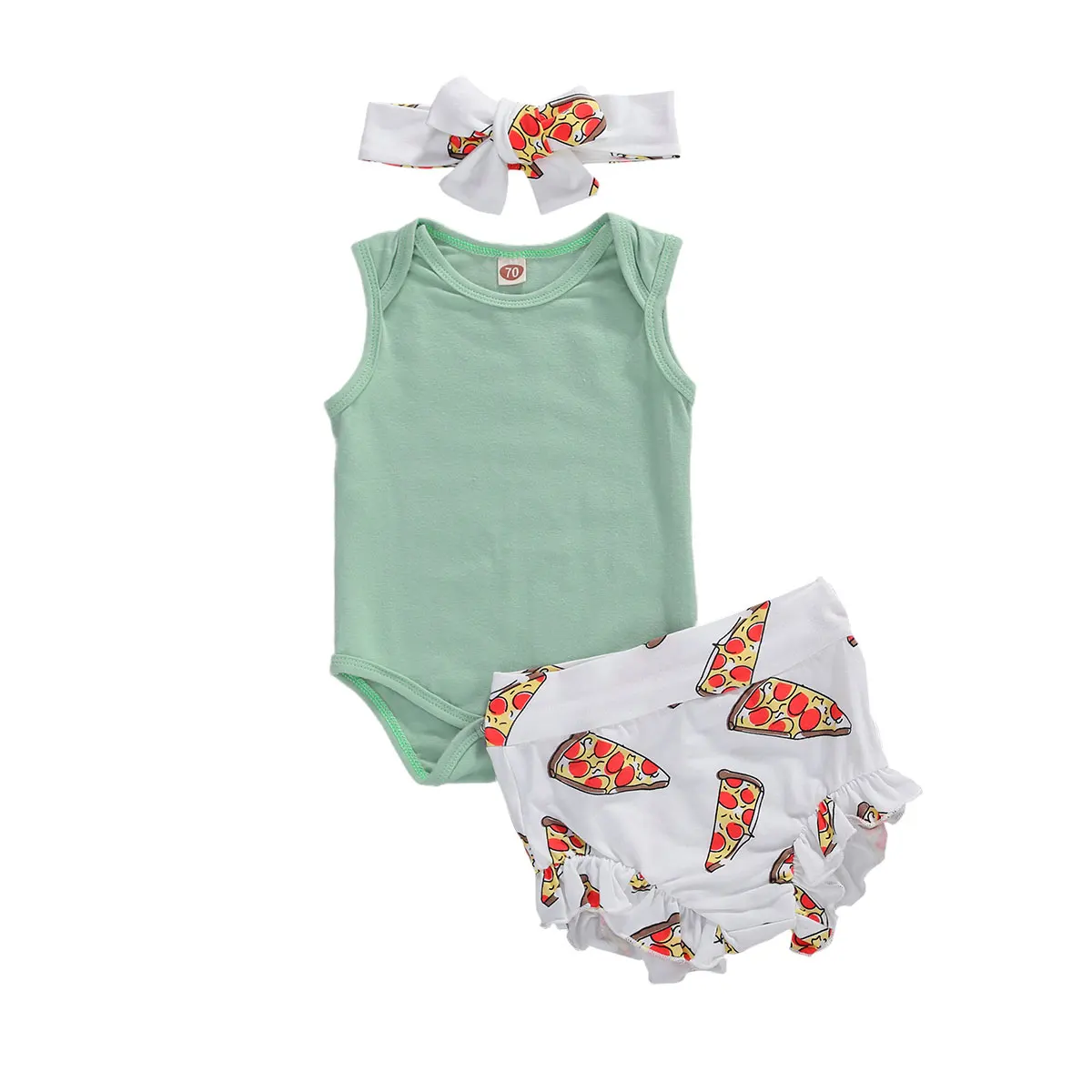 

Newborn Baby Girl Summer Outfits Set Sleeveless Solid Romper + Ruffle Floral Print Shorts + Headband 3PCS Clothes Set 0-18M