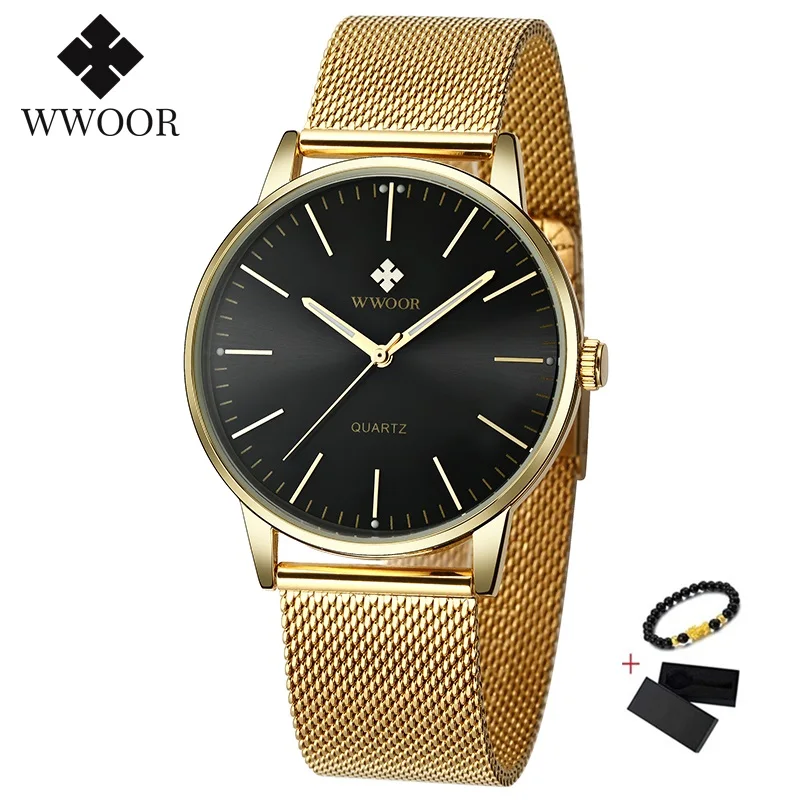

WWOOR Simple Ultra-thin Gold Watch Men Luxury Brand Black Mesh Band Quartz Waterproof Mens Wrist Watch Clock relojes hombre 2020