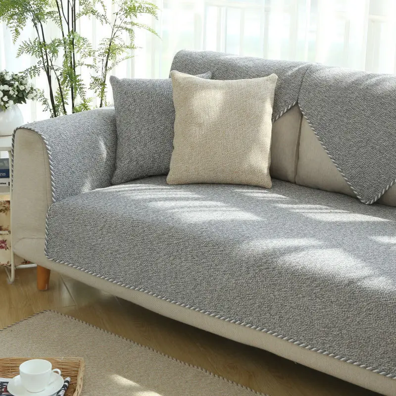 

Classic Cotton Linen Sofa Cushion Four Seasons Universal Sofa Cover Summer All Edges Included Versatile Set Anti-slip Solid Colo