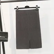 Женские юбки осень зима теплая трикотажная прямая юбка ребристая юбка средней длины Черная 60-80 см эластичная лента