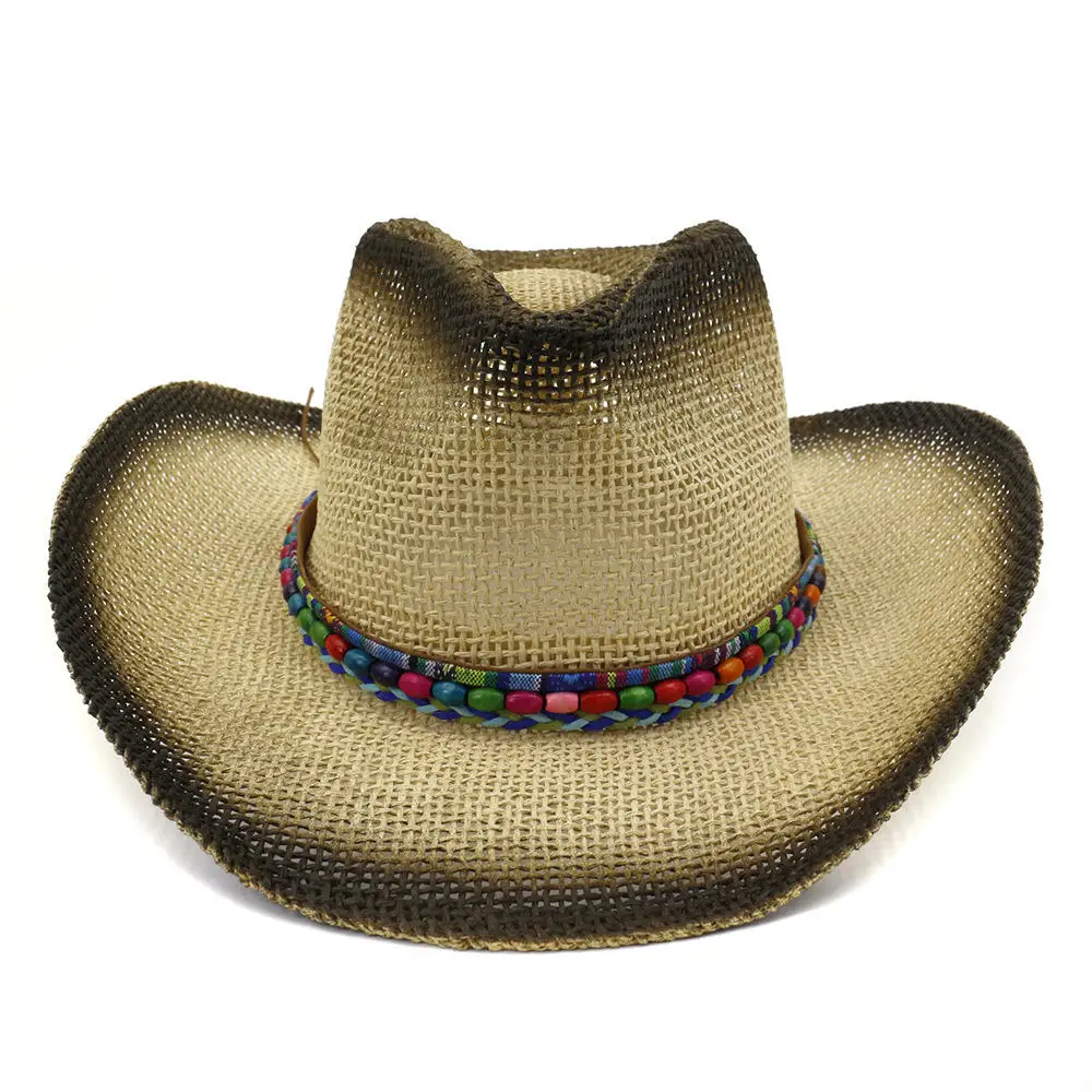 Summer Handmake Raffia Men Western Cowboy Hat With Rope Women Western Wide Curling Brim Cap Sun Protection Unisex Hats AF0034 - Цвет: Бежевый
