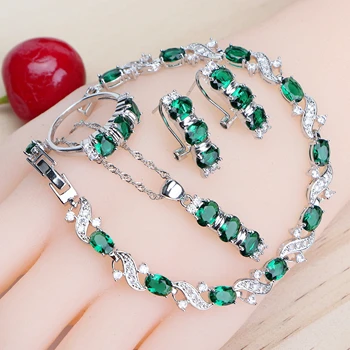 

Lovers Silver 925 Bridal Jewelry Sets Green Zirconia Women Costume Jewellery Wedding Earrings Rings Bracelets Pendant Necklace