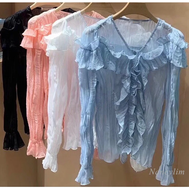 $US $25.17 Ruffled V-neck Shirt Woman 2021 Spring Summer New Design Temperament Flared Sleeves All-Match Basic Tops Blouses Blusas