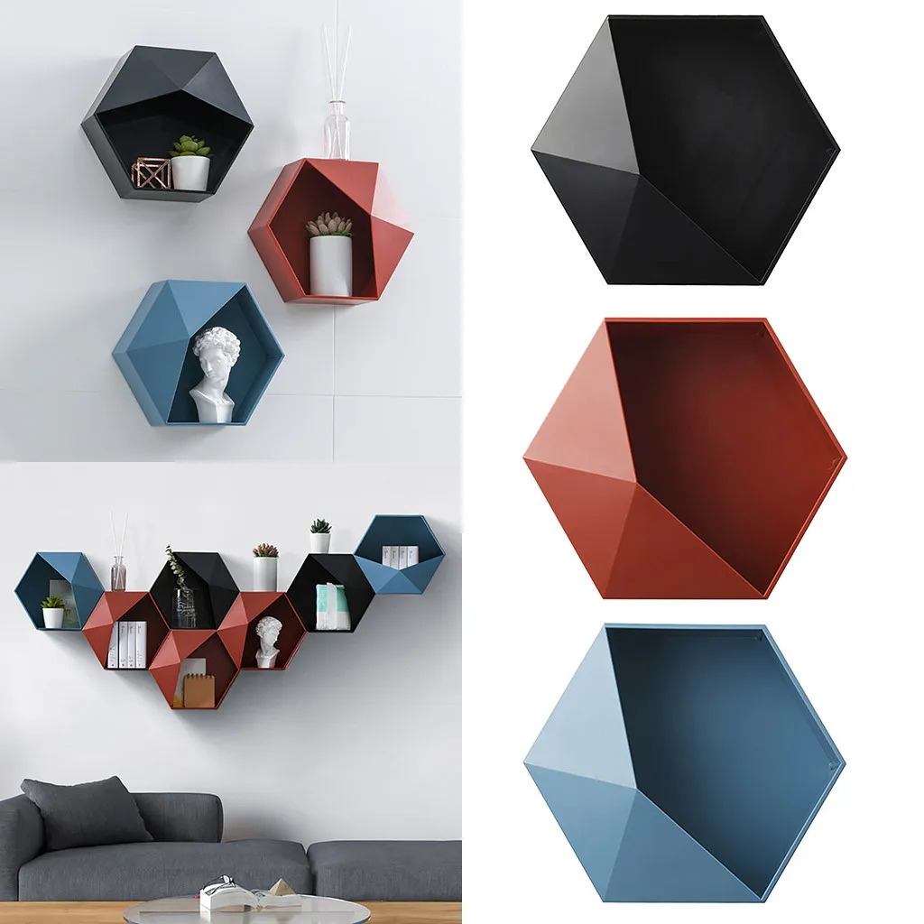 Nordic Living Room wall-mounted Geometric Punch-free Wall Decoration Bathroom Shelf Decor Hexagon Storage Rack #LC | Дом и сад