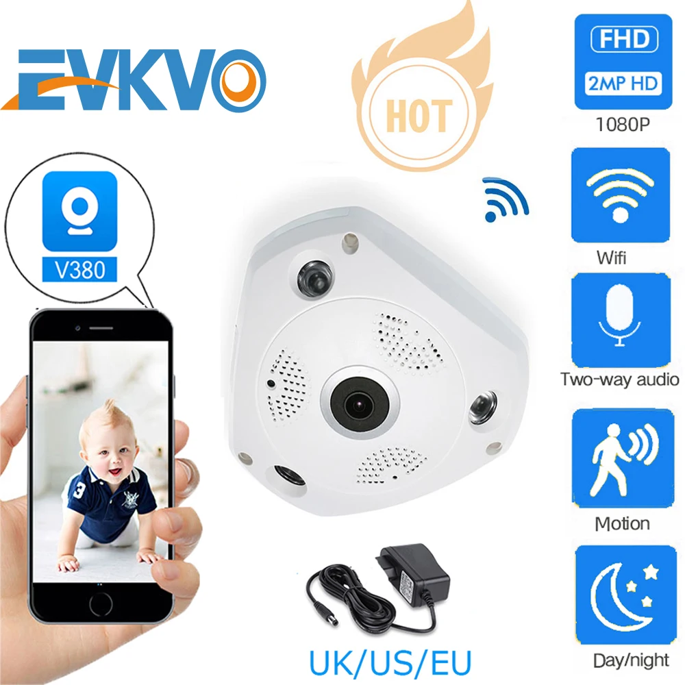 

EVKVO Fisheye VR Dome Full HD 1080P 360 Degree VR Panorama WIFI IP Camera CCTV Indoor IR Night Vision P2P Two-way Baby Monitor