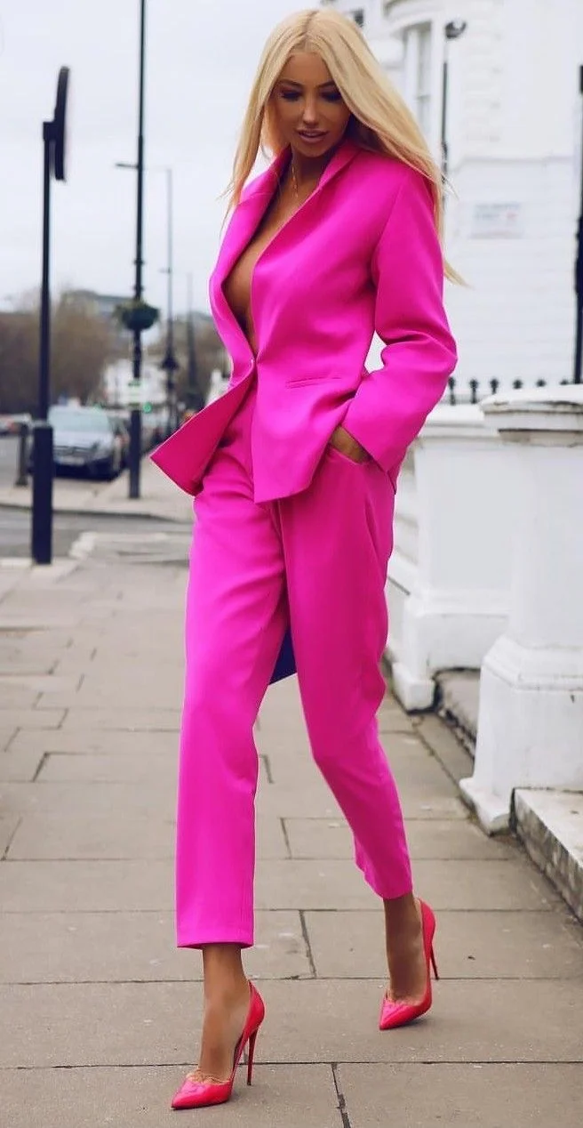 Formal Hot Pink Single Breasted Fashion Office Lady Women's Suit Costumes for Work Slim Casual Plus