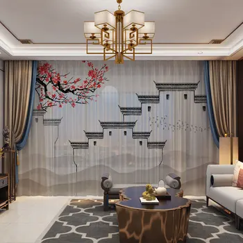 

New Chinese Classical Architecture Eave Printed Tulle Curtain High-grade Chiffon Fabric Curtains for Living Room Bedroom