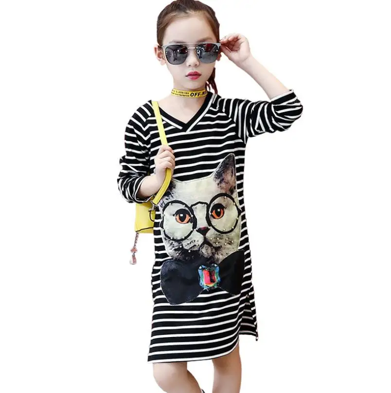 Черный Г. Осенние хлопковые детские футболки модные топы с длинными рукавами и рисунком для девочек, длинный джемпер в полоску с круглым вырезом - Цвет: Черный