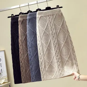 

Twist Rhombus Knit Skirt Women Autumn/Winter 2020 New High Waist Slim and Thick Warm Fashion Mid-length Sweater Skirt Jupe k1221