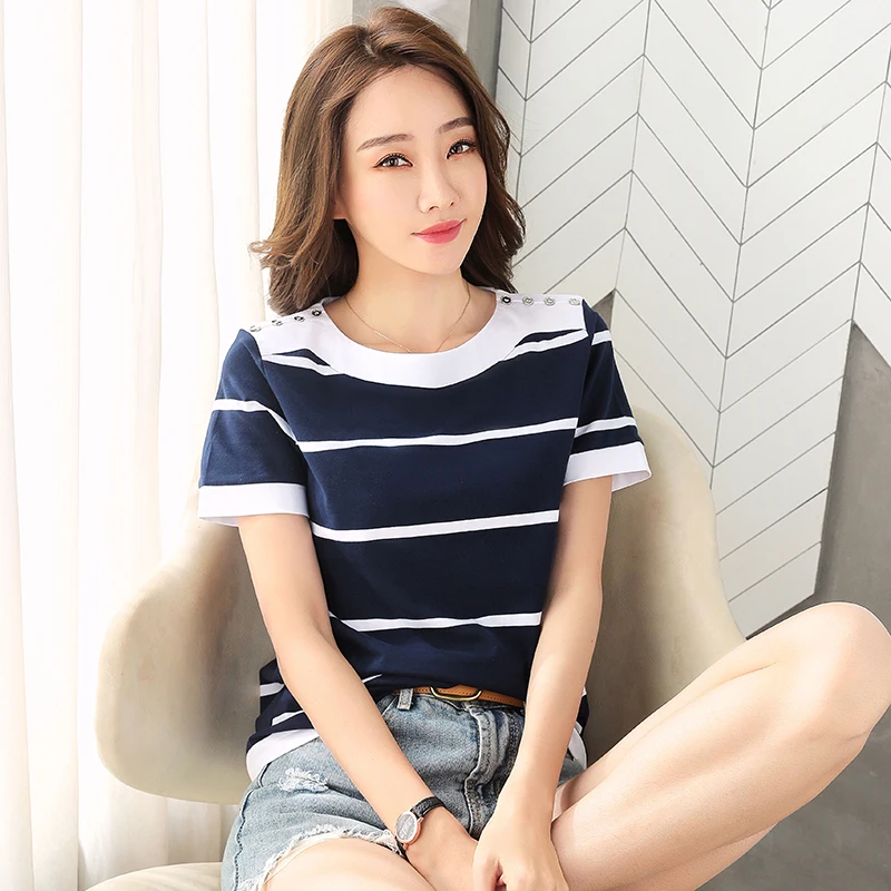 ladies navy and white striped t shirt