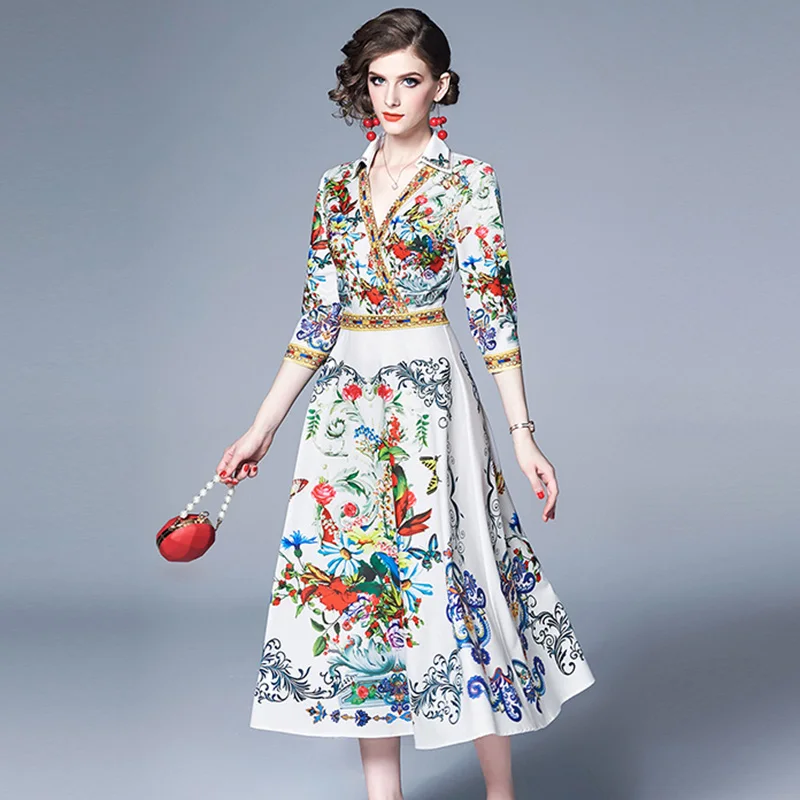 Цветочное ретро платье воротник 2019 женское элегантное винтажное с длинным
