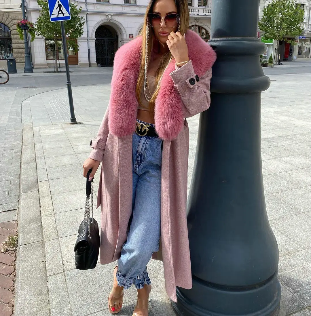 Real Fox Fur Cashmere Overcoat Long Luxury Woman Winter Trendy Genuine Fox Fur Collar Wool Blends Coat with Belt Outwear Female
