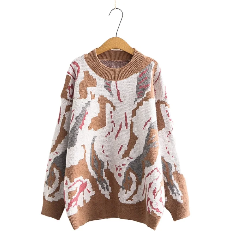 

Mori Girl Style Women Retro Hit Color Abstract Loose O-neck Thick Knit Sweater Femme Harajuku Pullovers 2010700