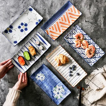 

Japanese Style Hand-painted Underglaze Ceramic Rectangular Sushi Dish Dumpling Steak Plate Japanese Fried Fish Western Tableware