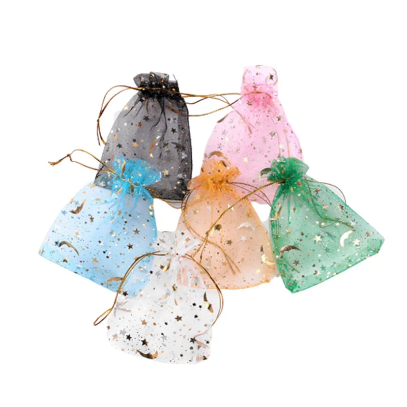 Bolsa unids/bolsa de Organza de luna y estrella, 7x9, 9x12cm, pequeña bolsa de regalo de Navidad con cordón, bolsas para embalaje de joyería con encanto, 100