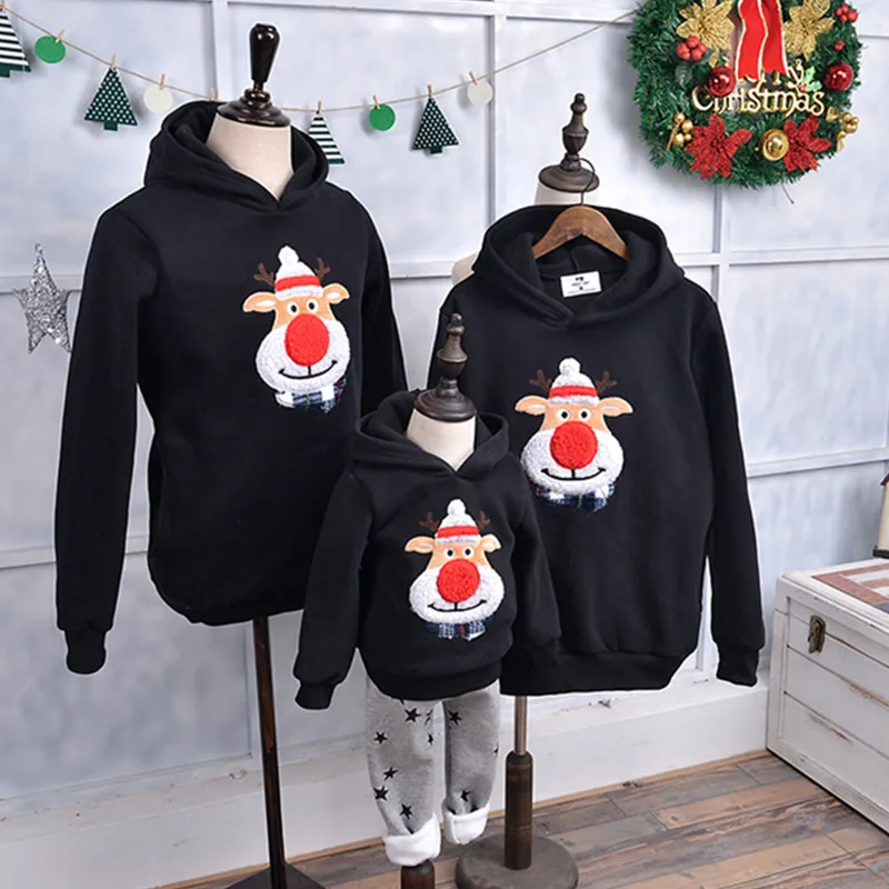 

2018 New Year Christmas Family Matching Outfits Winter Sweater Elk Hooded Fleece for Mom Dad and Children Family Look Clothing
