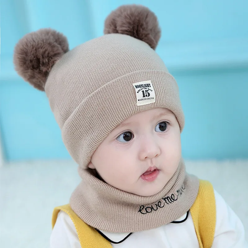 Комплект из 2 предметов, детский набор из шапки и шарфа, шапка с двойным шариком, шарф, комплект для маленьких мальчиков и девочек, осенне-зимние вязаные теплые наушники, шапка, комплект для 0-12 месяцев