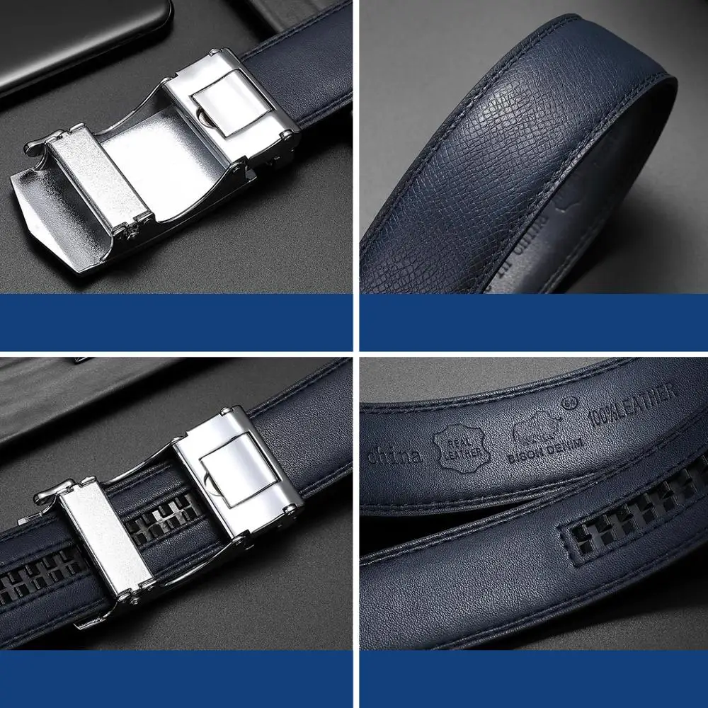 BISON DENIM, мужской ремень из натуральной кожи, сплав, автоматическая пряжка, роскошный, первый слой, коровья кожа, кожаный синий ремень для мужчин, N71511