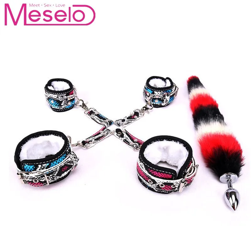 Meselo Snake Skin Pattern Faux Tail Anal Plug Ankle Cuff Handcuff font b Sex b font