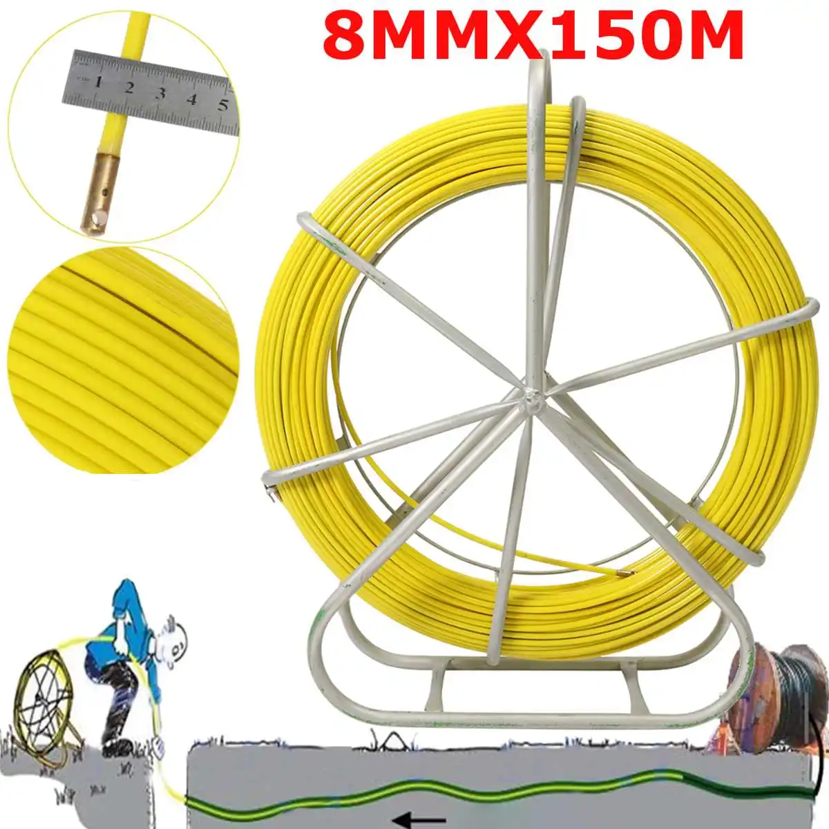 

8mmX150m Fish Tapeglass Fiber Cable Puller, Fiberglass+ABS Rodder with Free Flexi Head Fish Tape Push Pull Rod for Pipeline