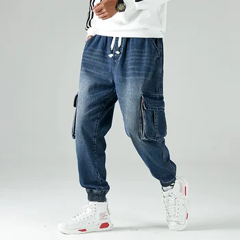 

#2102 Big Size Loose Elastic Waist Blue Black Mens Denim Cargo Jeans Loose Side Pockets Streetwear Hip Hop Jeans For Men Fashion