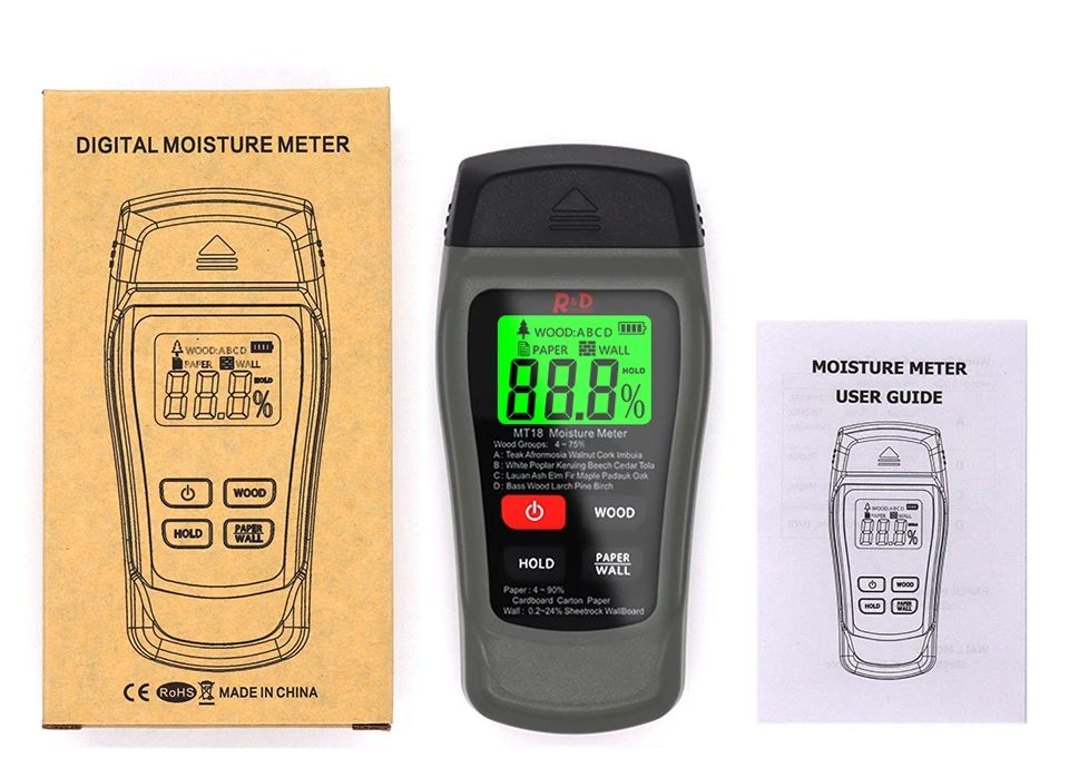 NEW MT-18 Grey 0-99.9% Two Pins Digital Wood Moisture Meter Paper Humidity Tester Wall Hygrometer Timber Damp Detector inline water meter